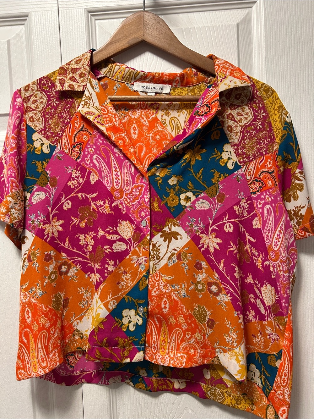 Rose & Olive Multicolor Patchwork Button-Front Top - Orange, Pink, Teal, Gold